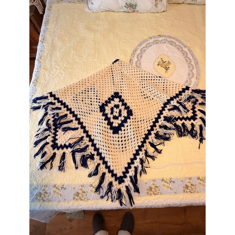 Vintage Handmade Crochet Granny Square Shawl Fringe Wrap Cream Navy Blue Boho